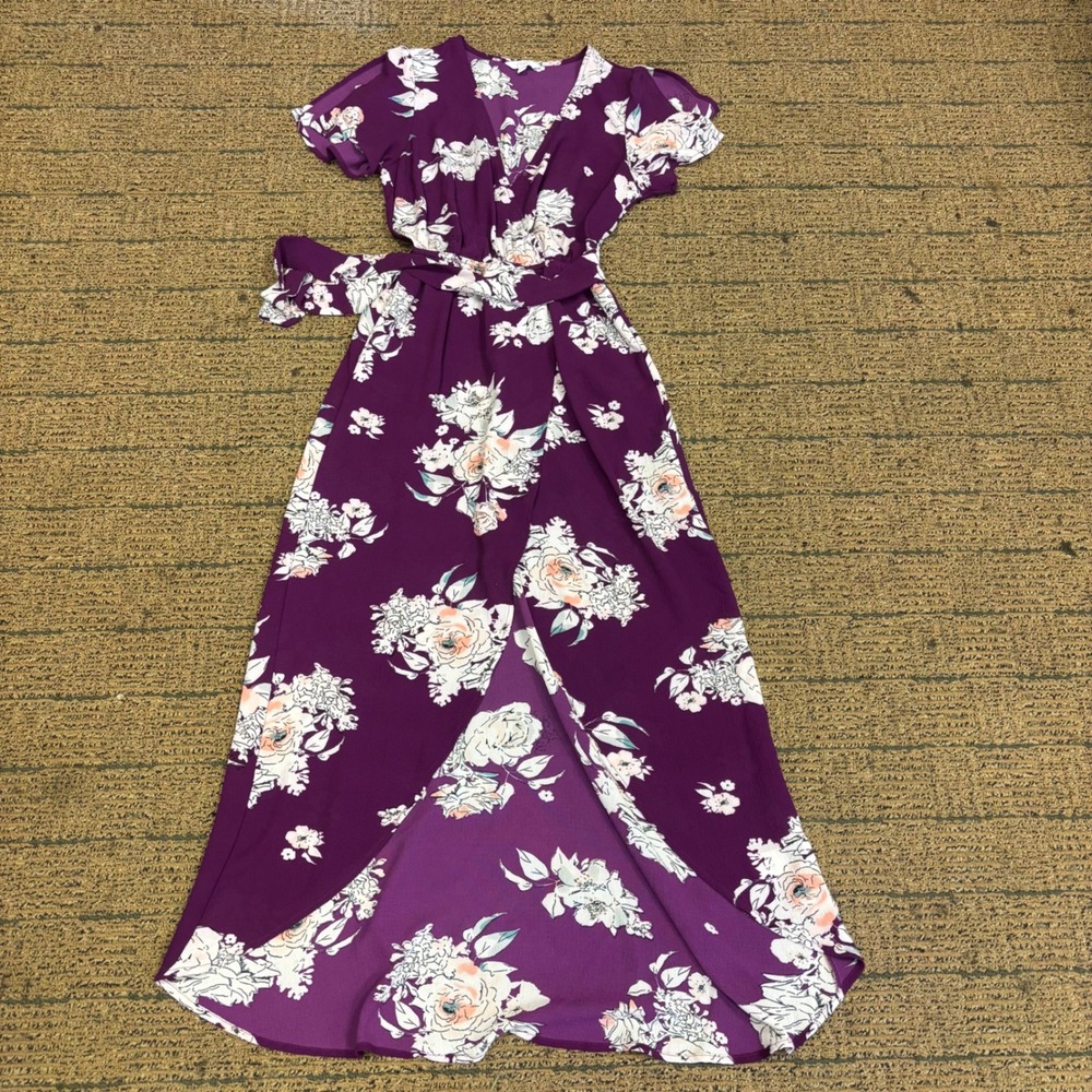 Candies Purple Floral High Low Wrap Maxi Dress Short Sleeve V-Neck Size S